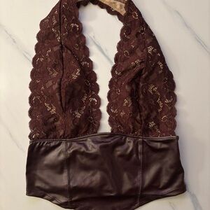 Fashion Nova Lace Halter Top - burgundy